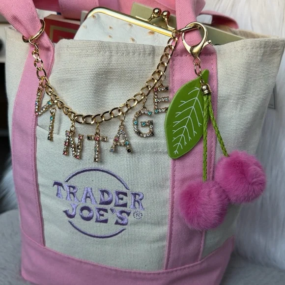 2026 Limited Edition Trader Joe’s Mini Pink Canvas Tote ‘VINTAGE’ & Cherry Charm - Picture 4 of 11